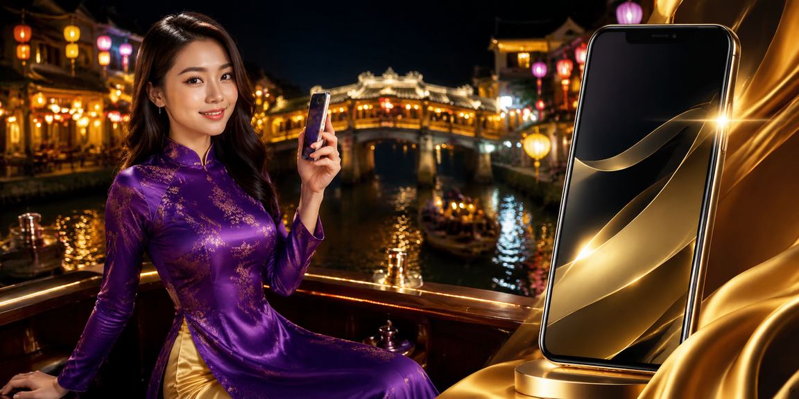 Khách VIP tại Hội An trong trang phục áo dài kiểm tra giao dịch và thưởng nạp tiền trực tuyến