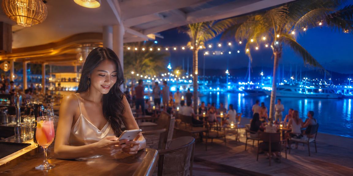 Người dùng tại Phú Quốc truy cập nền tảng casino trên điện thoại di động tại bãi biển
